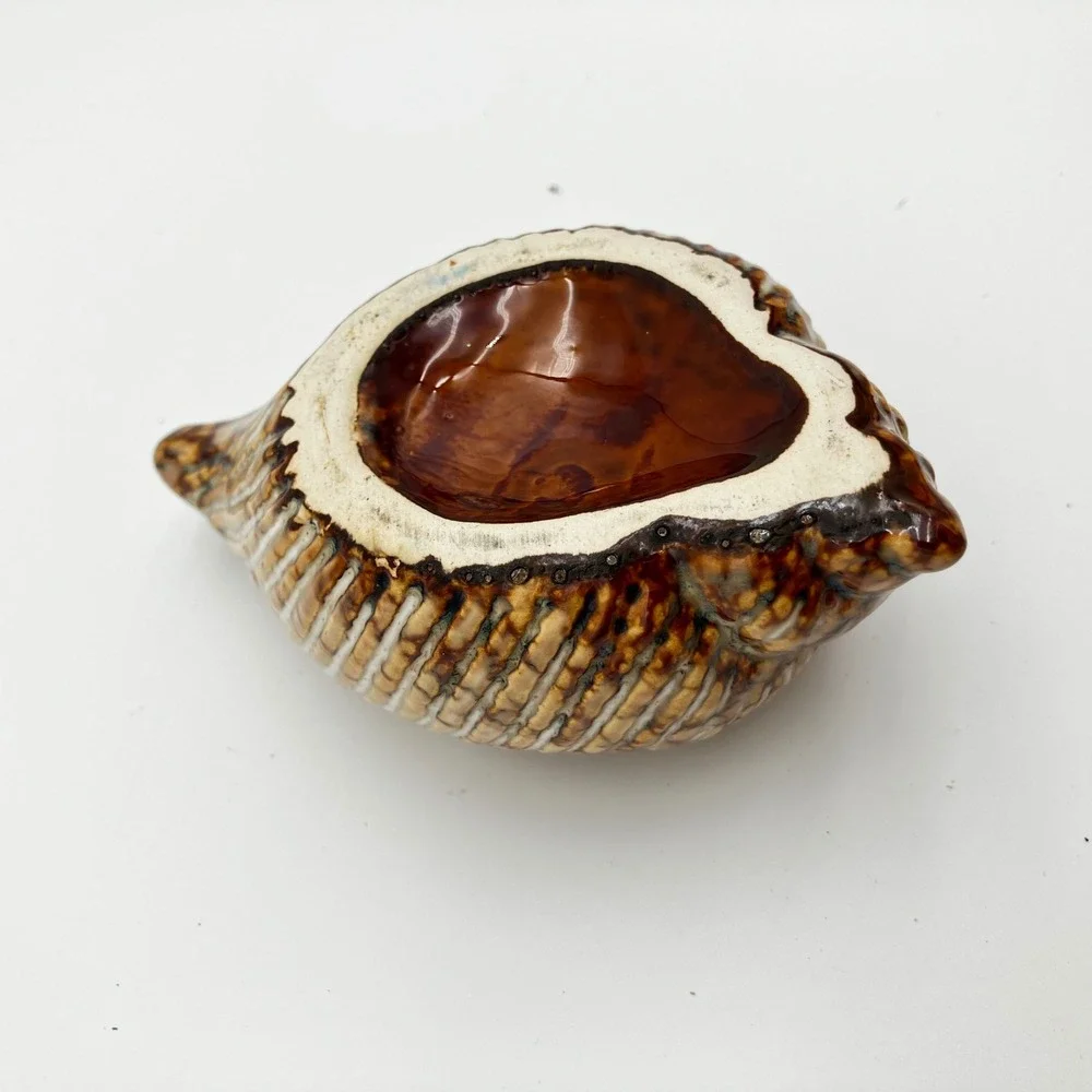 Vintage Ceramic Conch Shell Planter Vase 4.5in Brown Coastal Home Decor